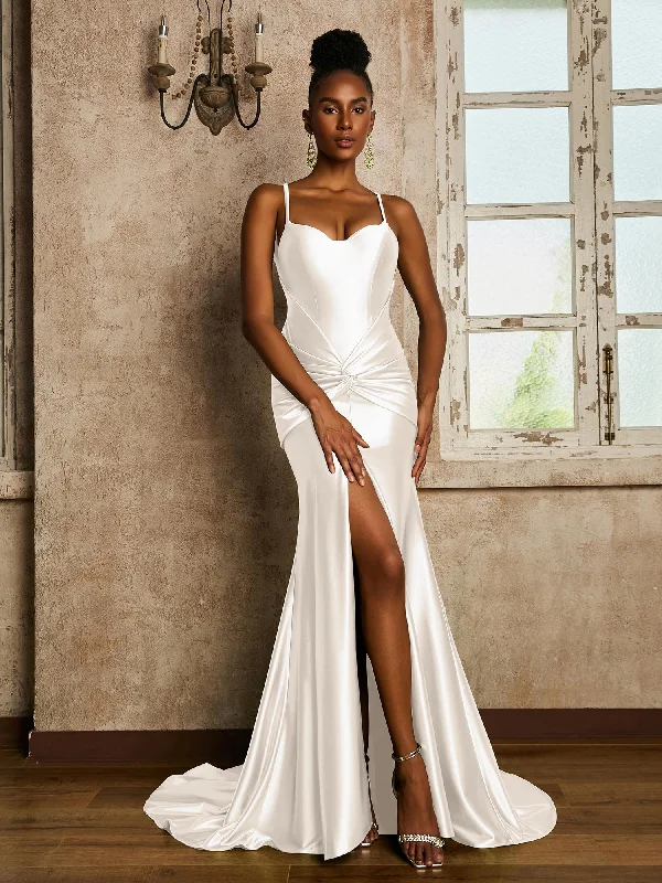 Waist Pleated Mermaid Stretch Satin Dress Ivory Tunics Satin smooth