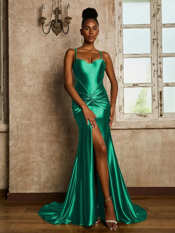 Waist Pleated Mermaid Stretch Satin Dress Peacock Tunics Lace romantic