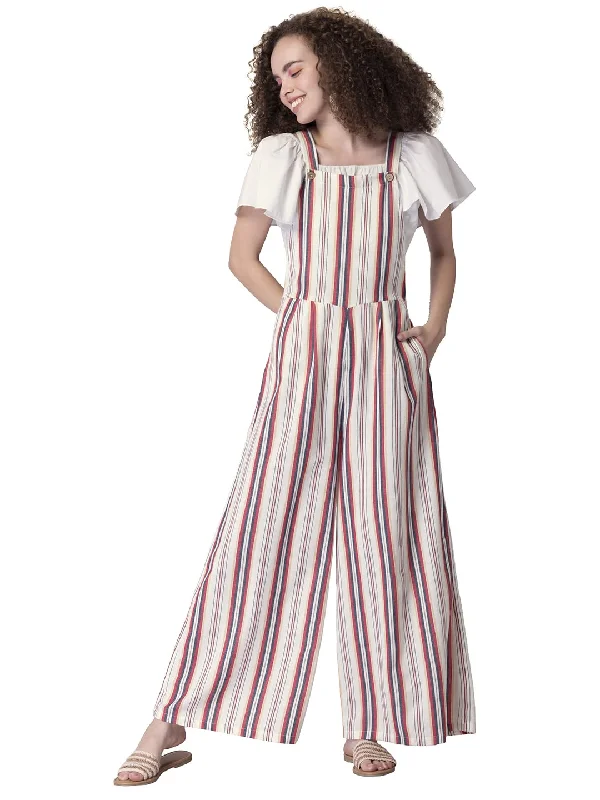 FabAlley Womens Striped Strappy Overalls Jumpsuits, White, S Retro Plaid Jumpsuit