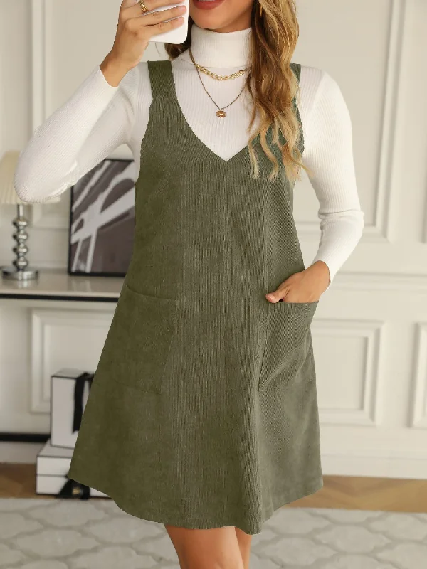 Solid Color Corduroy Pocketed Overalls Pinafore Dress Ruffled Shoulder Overalls
