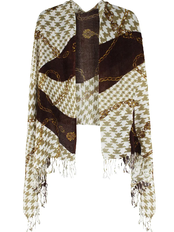 Brown Houndstooth Shawl Wrap With Chain Print Trendy Embroidered Shawl Wrap
