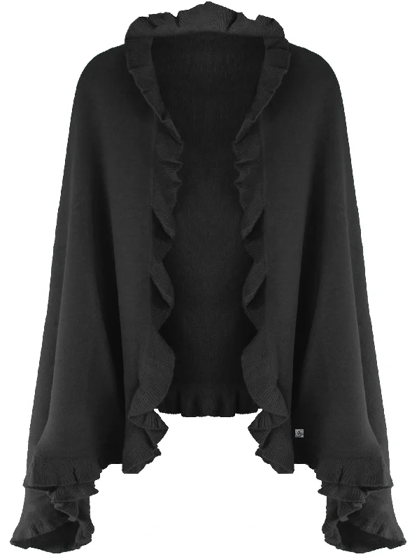 Knit Poncho Shawl With Ruffled Edge Cozy Fleece Shawl Scarf
