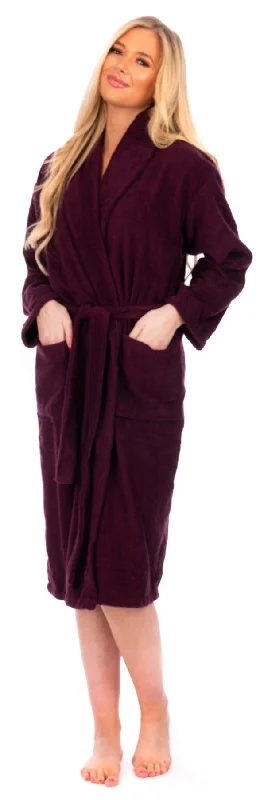 Ladies Aubergine Cotton Towelling Shawl Collar Bathrobe Elegant Silk Shawl Scarf