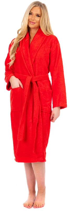 Ladies Red Cotton Towelling Shawl Collar Bathrobe Soft Faux Fur Shawl