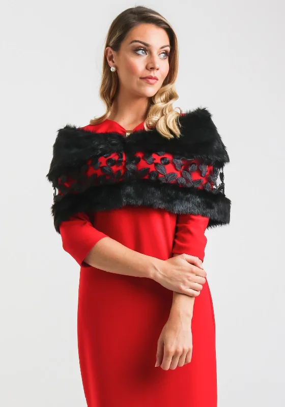 Lizabella Embroidered Print Faux Fur Shawl, Black Chic Knitted Shawl Wrap
