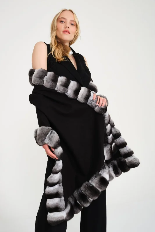 Black Chinchilla Fur Shawl Classic Knit Shawl Wrap