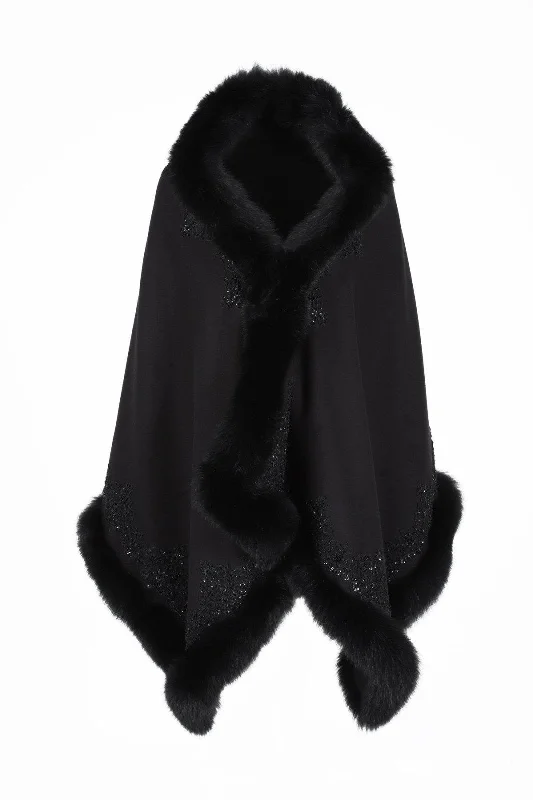 Black Fox Fur Lined Wool Shawl Elegant Pashmina Shawl Cape