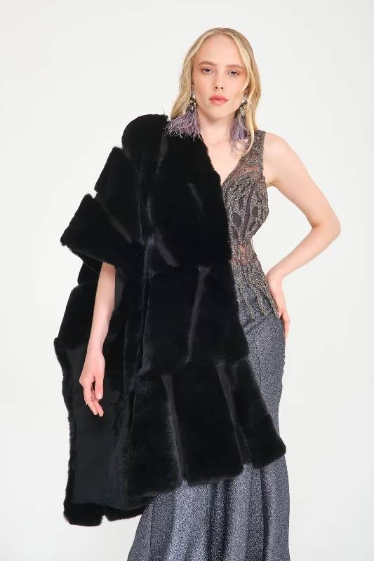 Black Rex Fur Shawl Soft Wool Shawl Wrap