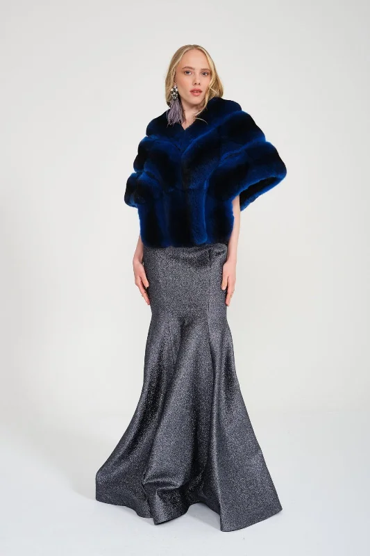 Blue Chinchilla Fur Shawl Cozy Plaid Wool Shawl