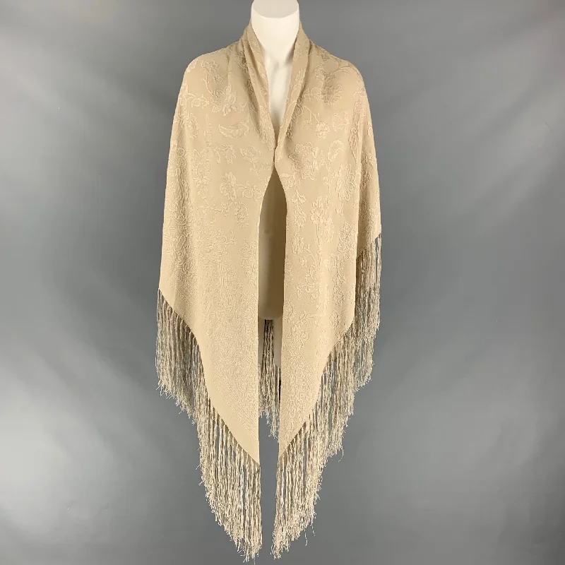GIORGIO ARMANI Beige Jacquard Silk Fringe Shawl Chic Floral Print Shawl