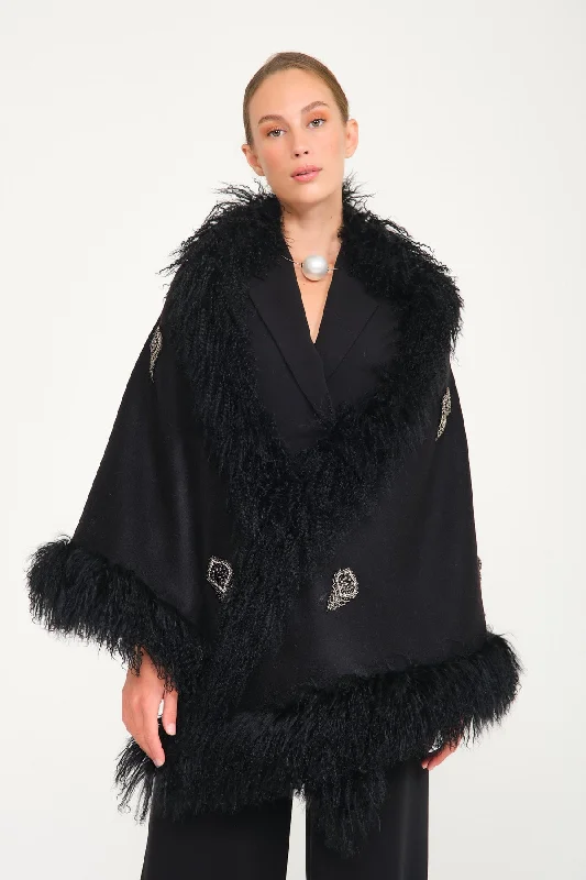Swarovski Design Black Tibet Fur Wool Shawl Fashionable Embroidered Shawl