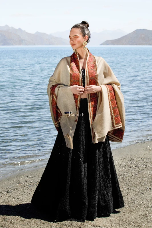 Pashtush Fine Wool Shawl, Kashmiri Tilla Embroidery Border Design, Beige Fashionable Shawl with Fringe Pashtush Fine Wool Shawl, Kashmiri Tilla Embroidery Border Design, Beige Fashionable Shawl with Fringe