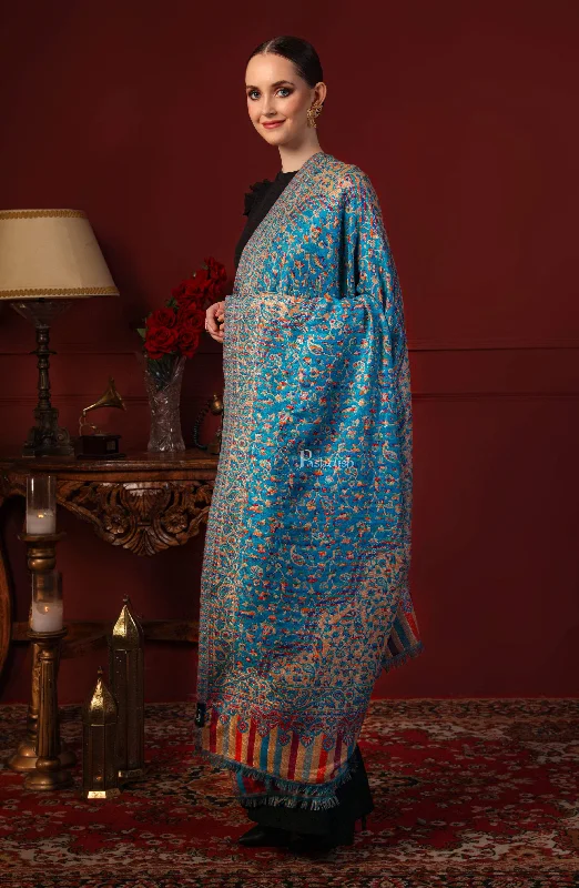 Pashtush Women Faux Pashmina, Woven Design Jamawar Shawl, Blue Beige Elegant Velvet Shawl Cape