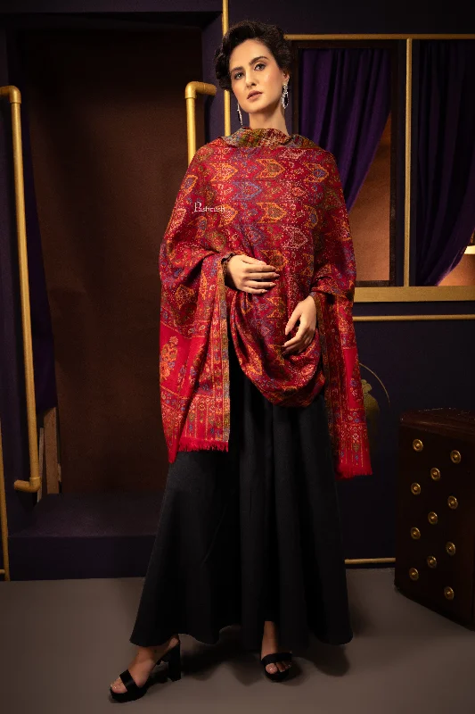 Pashtush Womens 100% Pure Wool With Woolmark Certificate Shawl, Ethnic Palla Design, Maroon Elegant Knit Shawl Cape Pashtush Womens 100% Pure Wool With Woolmark Certificate Shawl, Ethnic Palla Design, Maroon Elegant Knit Shawl Cape