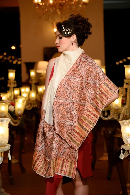 Pashtush Womens Extra Fine Wool Shawl, Ethnic Palla Design, Ivory Trendy Knitted Shawl Wrap Pashtush Womens Extra Fine Wool Shawl, Ethnic Palla Design, Ivory Trendy Knitted Shawl Wrap