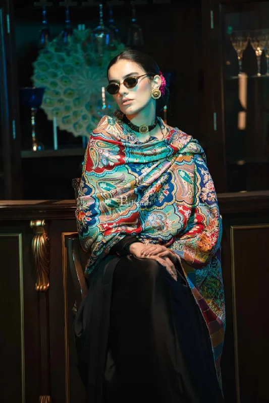 Pashtush womens Fine Wool shawl, Kalamkari design, Multicolour Warm Cashmere Shawl Cape Pashtush womens Fine Wool shawl, Kalamkari design, Multicolour Warm Cashmere Shawl Cape