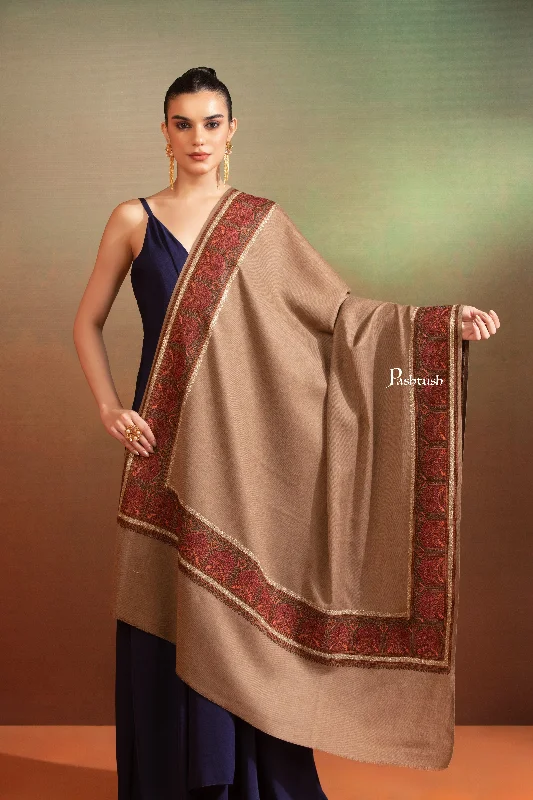 Pashtush Womens Fine Wool Shawl, Kashmiri Border Embroidery With Tilla Design, Taupe Trendy Oversized Shawl Cape