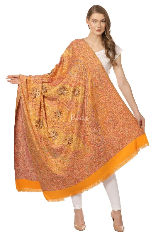 Pashtush Womens Jamawar Shawl With Hand Aari Embroidery, Silky Threadwork - Soft Faux Mustard Soft Cashmere Shawl Cape Pashtush Womens Jamawar Shawl With Hand Aari Embroidery, Silky Threadwork - Soft Faux Mustard Soft Cashmere Shawl Cape