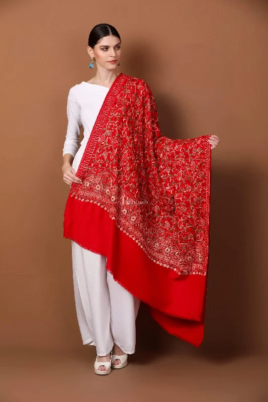 Pashtush Womens Shawl, Aari Embroidery, Ruby Red Warm Knit Shawl Scarf