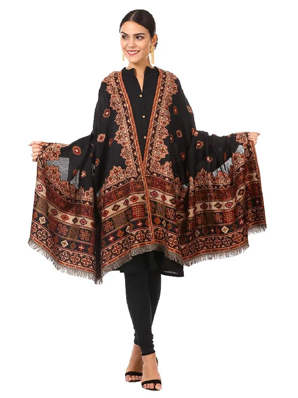 Pashtush Womens Aztec Jamawar Shawl, Faux Pashmina Black Cozy Plaid Wool Shawl