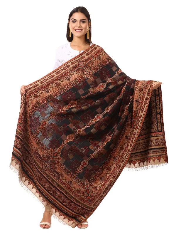 Pashtush Womens Aztec Jamawar Shawl, Faux Pashmina -Black Lightweight Silk Shawl