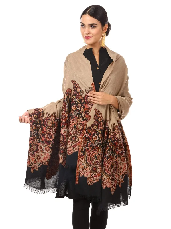 Pashtush Womens Floral Jacquard Twin Coloured Shawl Black Beige Trendy Crochet Shawl Scarf