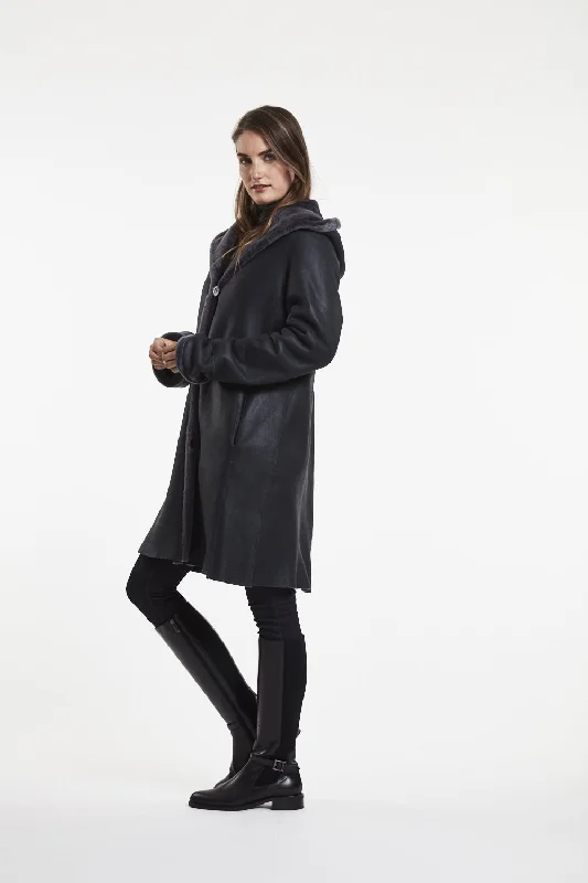 #6169 Hooded Reversible Shearling Coat Sequined Lace Ribbed