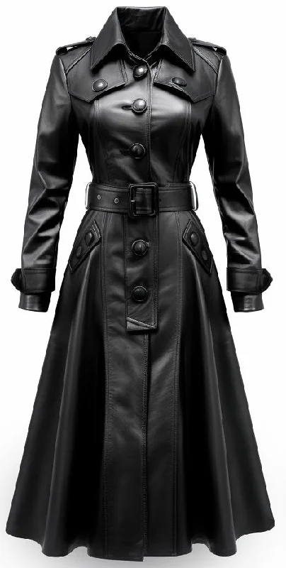 Black leather Trench Coat stylish Striped Polka Dot Solid