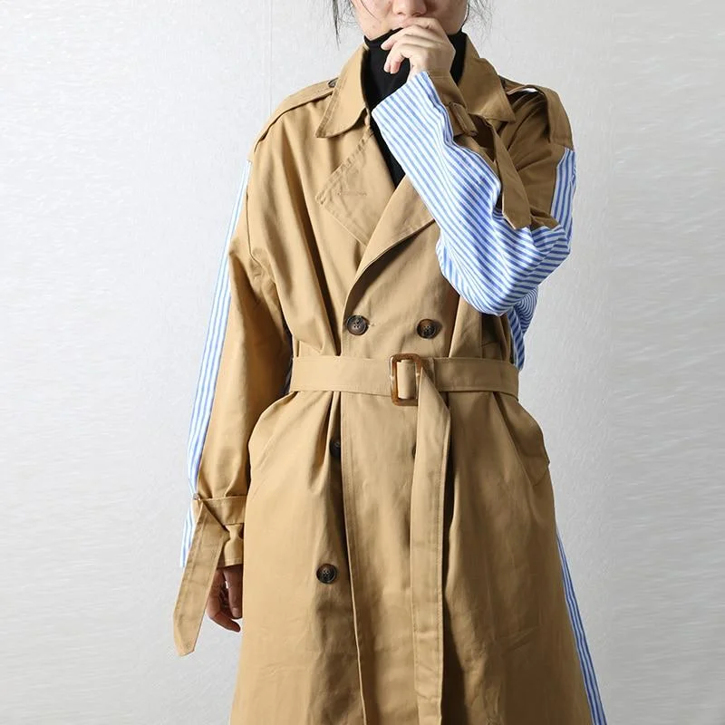 Autumn Trench Coat for Women Stripe Patchwork Windbreaker Woman Office Lady Female Overcoat Cotton Linen Terry