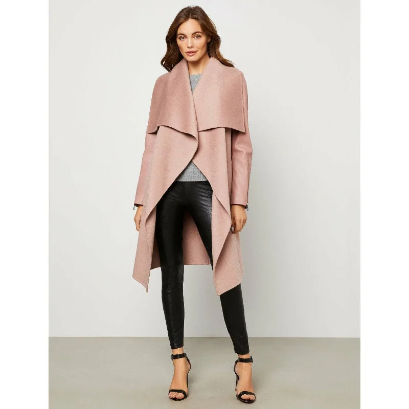 BCBGMAXAZRIA Women's Draped Front Wool Coat Appliqued Beaded Sequined