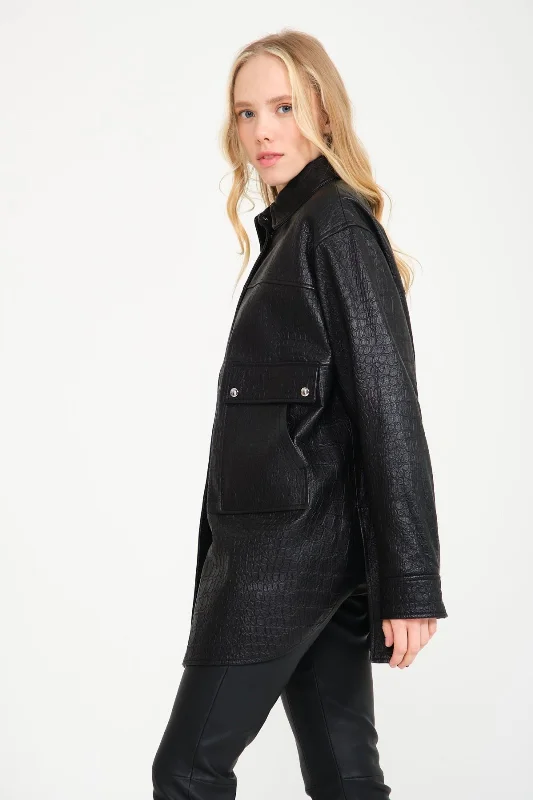 Black Crocodile Pattern Leather Coat Anorak Windbreaker Fleece