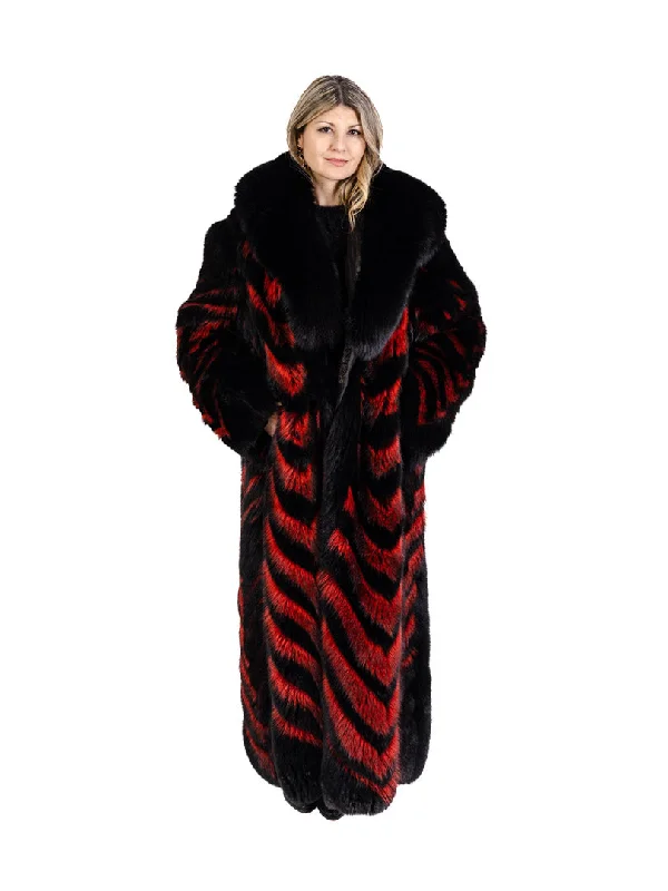 Black Fox Fur and Red Raccoon Fur Coat Welt Pockets Slit Pockets Flap Pockets