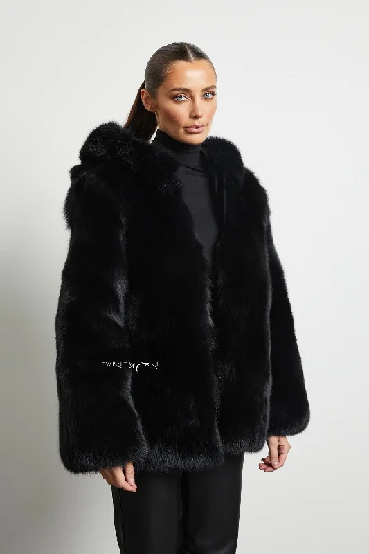 Black Fox Fur Coat with Full Pelt Fur Sleeves and Hood Sequined Lace Ribbed