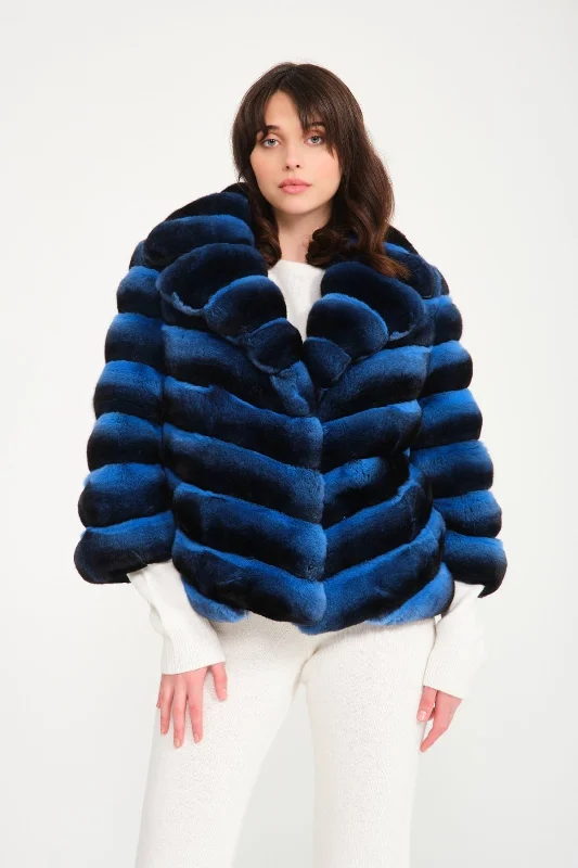 Blue Chinchilla Fur Coat Embroidered Appliqued Beaded