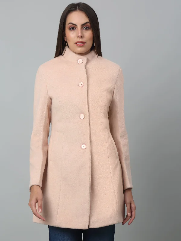 Women's Casual  Pink Single breasted  Stand Collar Long Coat Jersey Tulle Batik