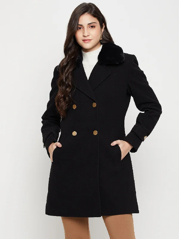 Women's Casual Black Double breasted Notched Lapel Collar with Faux Fur insert Long Coat Front Pockets Side Pockets Patch Pockets Women's Casual Black Double breasted Notched Lapel Collar with Faux Fur insert Long Coat Front Pockets Side Pockets Patch Pockets