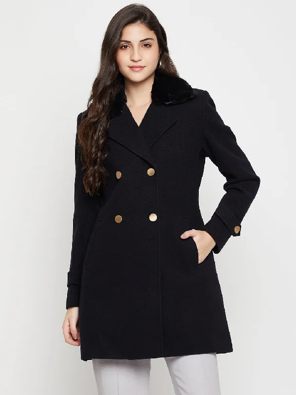 Women's Casual Navy Blue Double breasted Notched Lapel Collar with Faux Fur insert Long Coat Shawl Collar Notch Collar Lapel Collar Women's Casual Navy Blue Double breasted Notched Lapel Collar with Faux Fur insert Long Coat Shawl Collar Notch Collar Lapel Collar