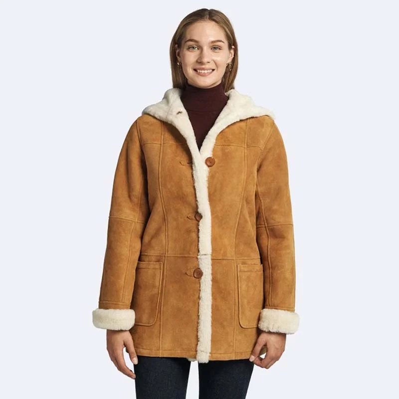Celeste Tan Shearling Coat Toggle Coat Shawl Collar Coat Notch Collar Coat
