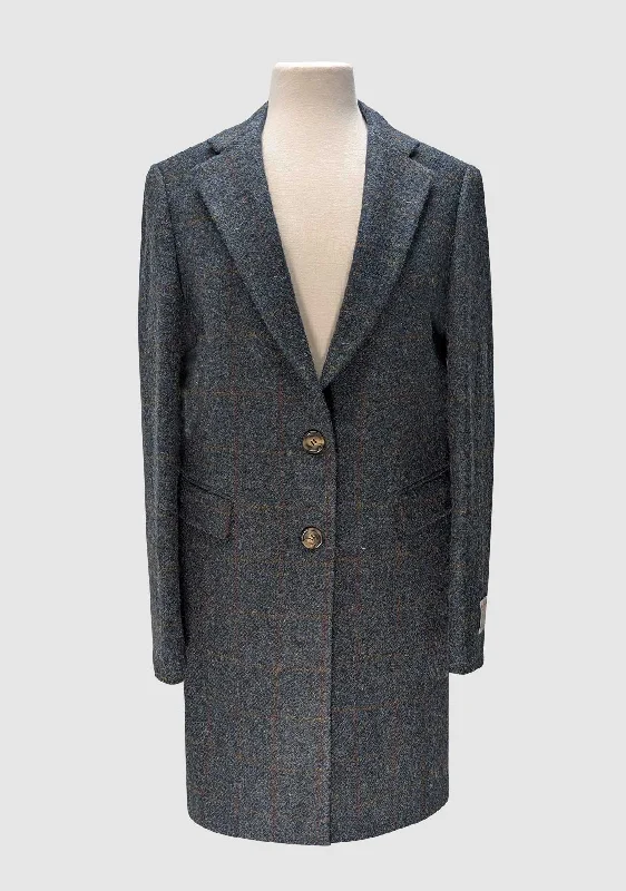 Christine Ladies Coat - Blue Multi Check Satin Silk Chiffon