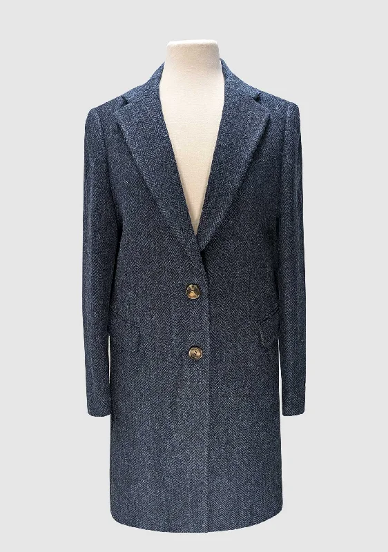 Christine Ladies Coat - Navy Herringbone Appliqued Beaded Sequined