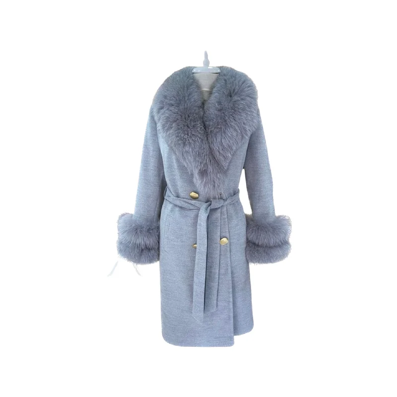 Copy of Women's GREY Wool Coat with detachable Fox Collar and Cuffs Trimmed Hood Style # K-10 Collared Crew Neck Turtle Neck Copy of Women's GREY Wool Coat with detachable Fox Collar and Cuffs Trimmed Hood Style # K-10 Collared Crew Neck Turtle Neck