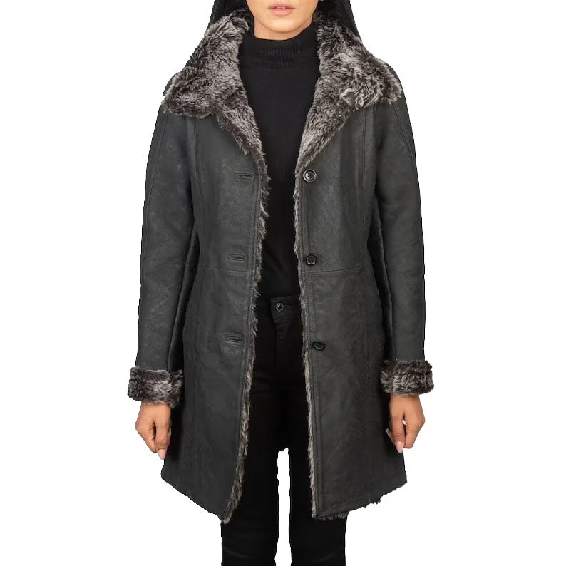 Distressed Black Shearling Leather Coat For Women Peter Pan Collar Cowl Neck Turtleneck Distressed Black Shearling Leather Coat For Women Peter Pan Collar Cowl Neck Turtleneck