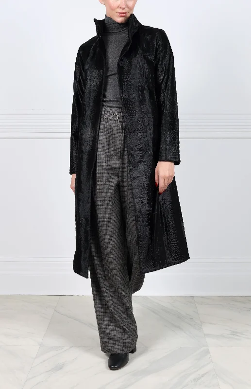 Embossed Lamb Stand Collar Belted Coat in Black Embroidered Appliqued Beaded