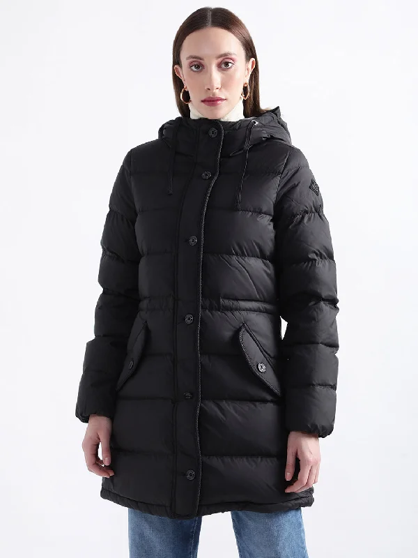 Gant Women Black Solid Collar Overcoat Faux Fur Real Fur Shearling