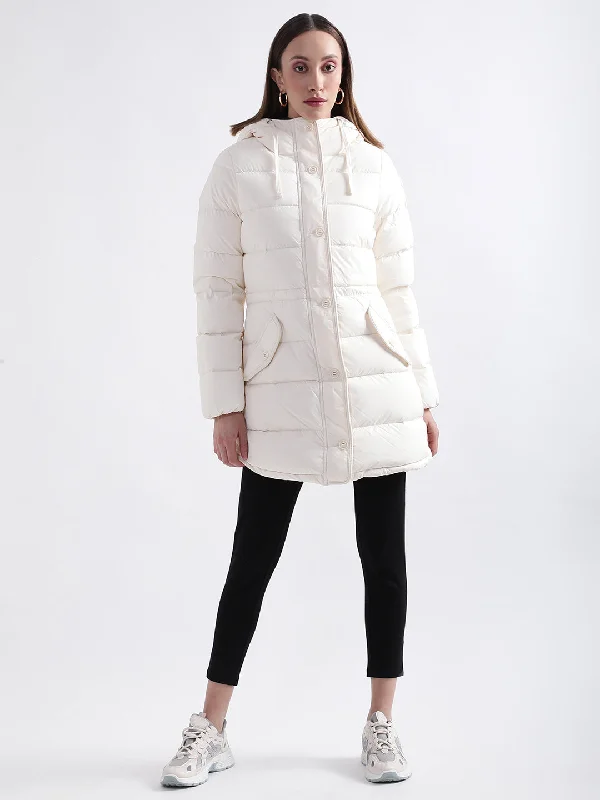 Gant Women Off White Solid Collar Overcoat Collared Crew Neck Turtle Neck