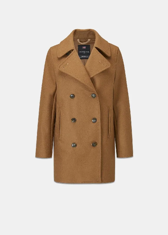 Ellen Peacoat Camel Tweed Herringbone Houndstooth