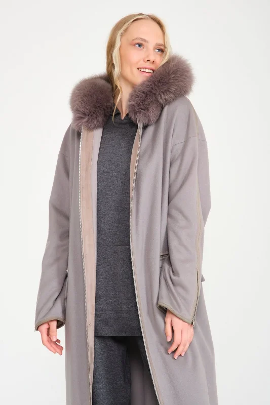 Grey Long Fox Fur Coat Mesh Canvas Denim
