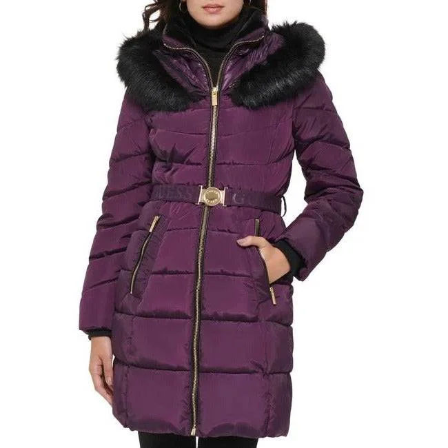 GUESS Women's Puffer Coat with Belt Plaid Tartan Floral