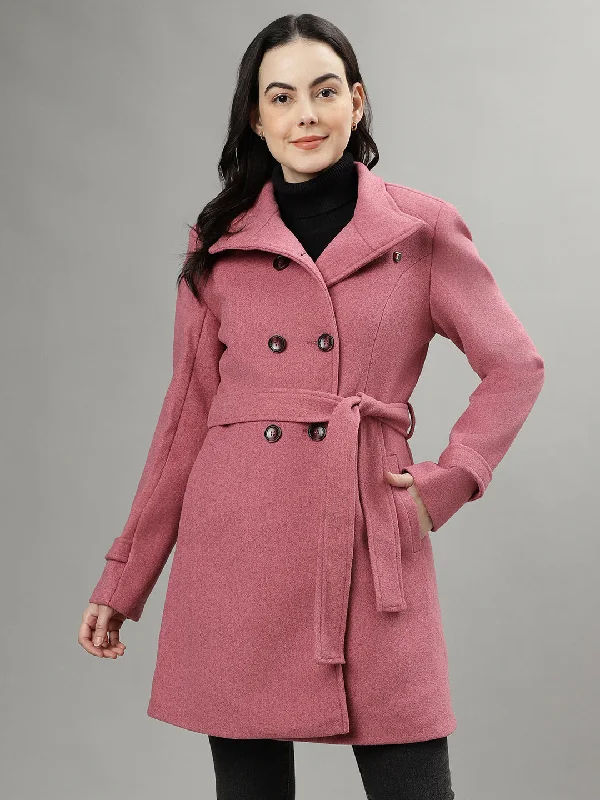 Iconic Women Pink Solid Spread Collar Long Sleeves Overcoat Buttoned Toggled Snapped Iconic Women Pink Solid Spread Collar Long Sleeves Overcoat Buttoned Toggled Snapped