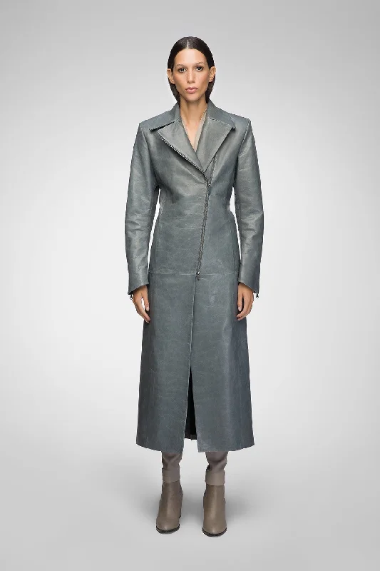 Mai - Indigo Leather Coat Peter Pan Collar Cowl Neck Turtleneck